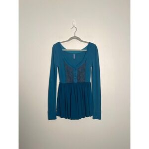 Free People Teal Babydoll Thermal Henley Waffle Knit Top M Bella Swan Whimsigoth